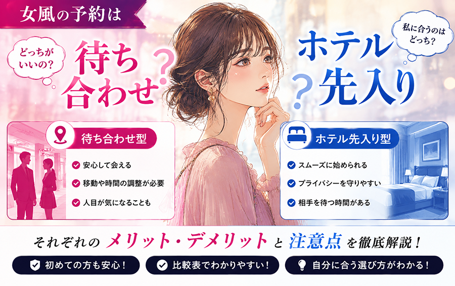 女風の予約は「待ち合わせ」と「ホテル先入り」どっちがいい？それぞれのメリット・デメリットと注意点を解説