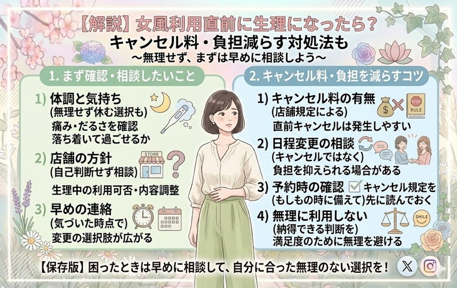 女性用風俗利用直前に生理になってしまったら？キャンセル料はかかる？負担を減らす対処法も解説