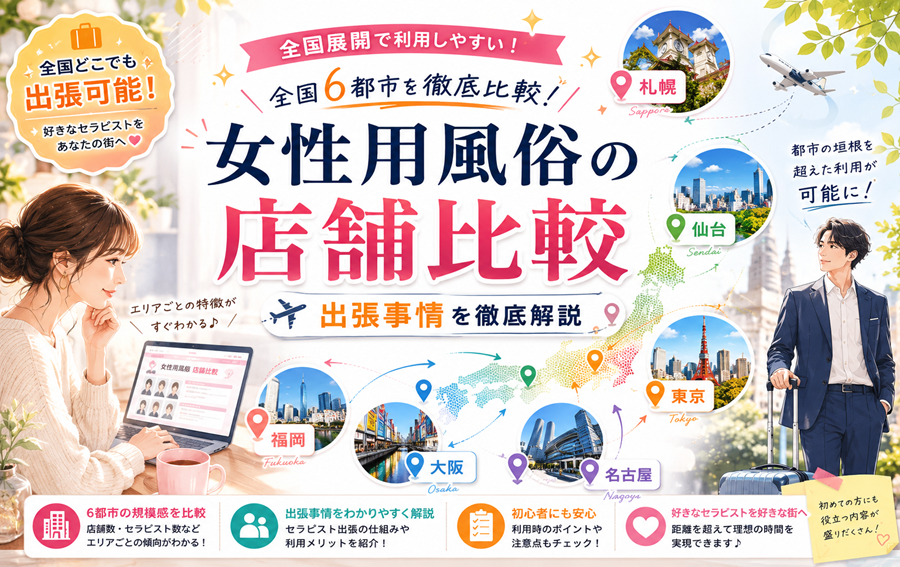 女性用風俗の店舗比較｜札幌・仙台・東京・名古屋・大阪・福岡の傾向と「出張」事情を徹底解説