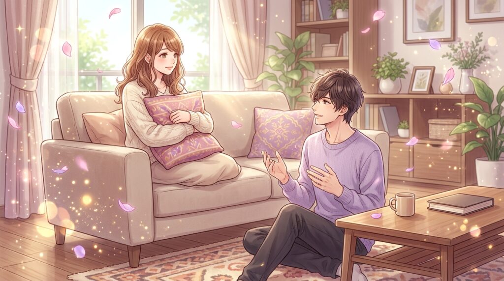 ソファでくつろぐ女性と穏やかに話す男性