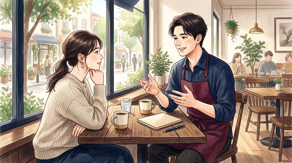 カフェで男性スタッフに説明を受ける女性