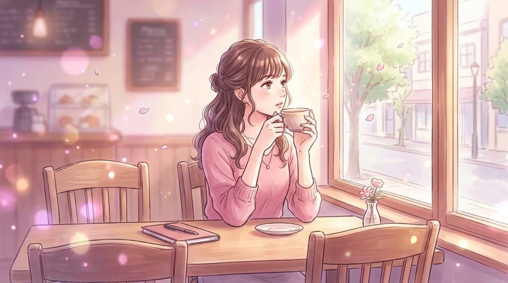 カフェで考え込む女性と空席の椅子