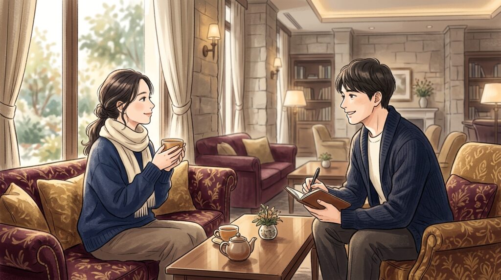 ソファで向き合い会話する女性と男性セラピスト