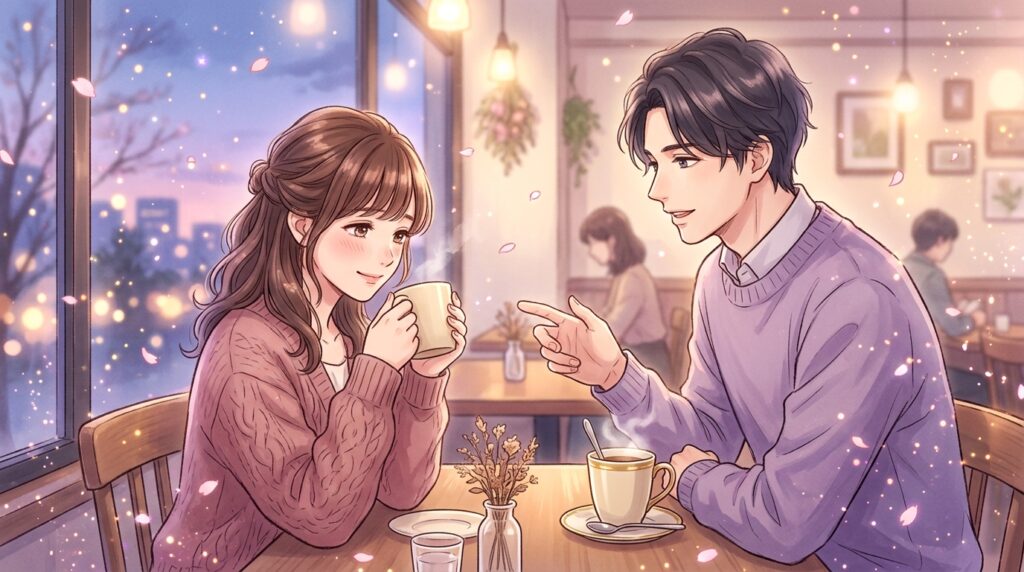 カフェで感覚の違いを語り合う男女のイラスト