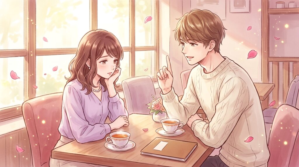 カフェで言葉の由来を語り合う男女