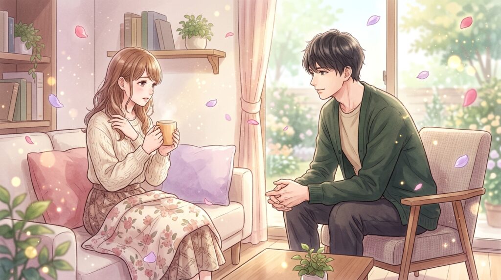 ソファでくつろぐ女性と語りかける男性