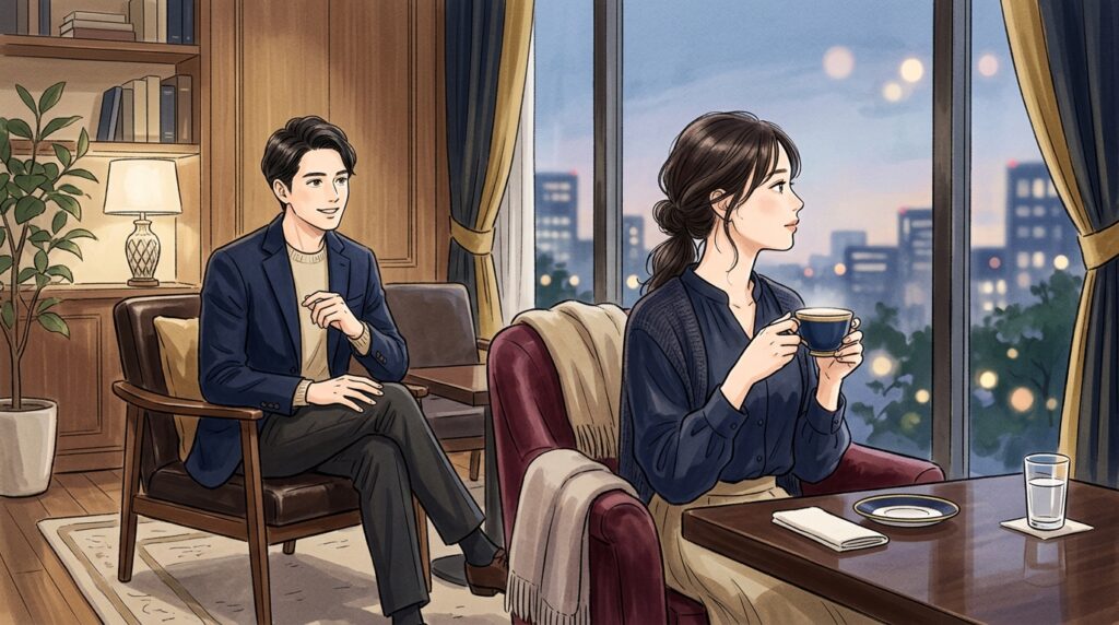 ラウンジで静かに向き合う女性とセラピスト
