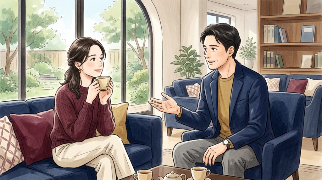 ラウンジで静かに語り合う女性と男性セラピスト
