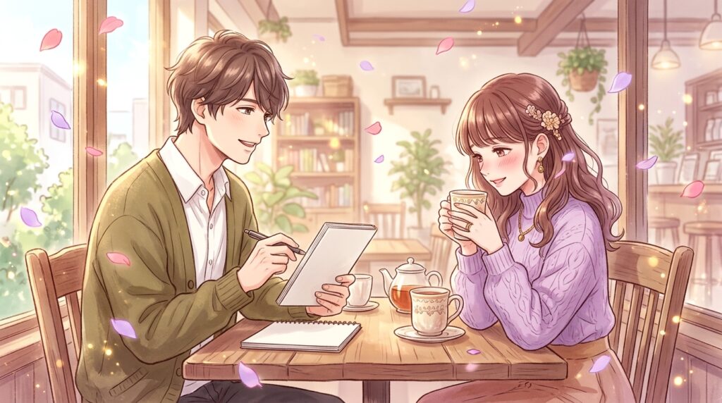 カフェで言葉の意味を穏やかに語り合う男女