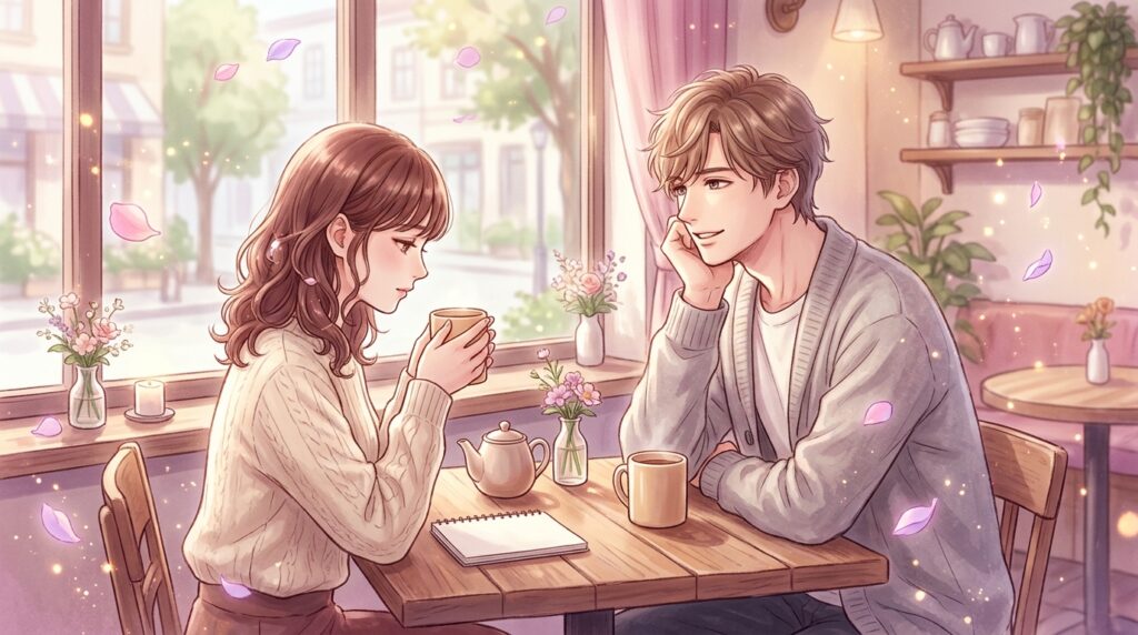 カフェで向かい合い穏やかに話す男女