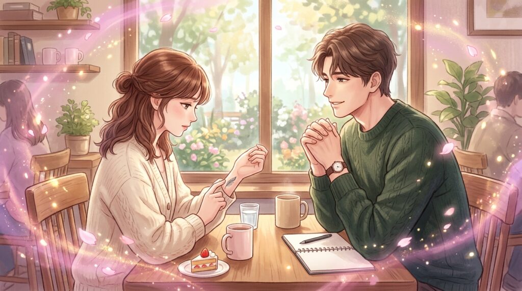 カフェで穏やかに相談する女性と男性セラピスト
