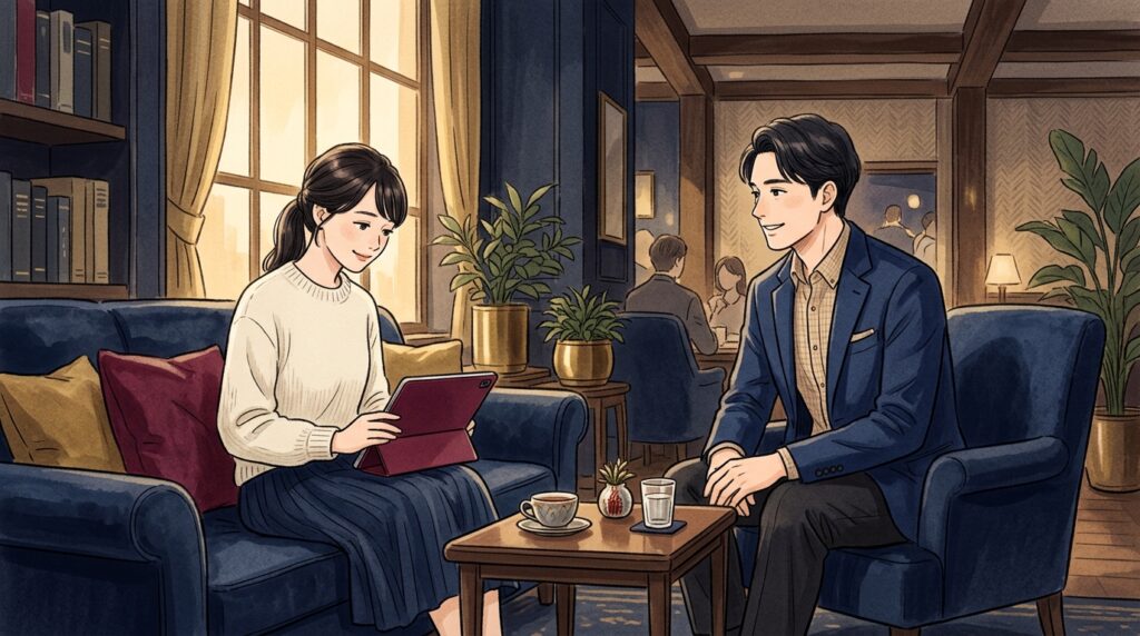 ラウンジで予約条件を確認する女性と話す男性