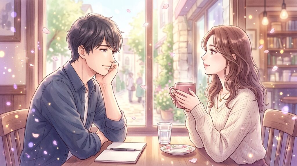 カフェで穏やかに語り合う男女の挿絵