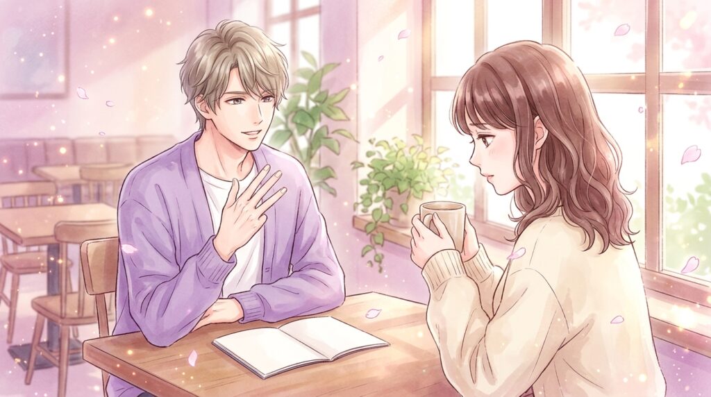 カフェで女性に穏やかに説明する男性