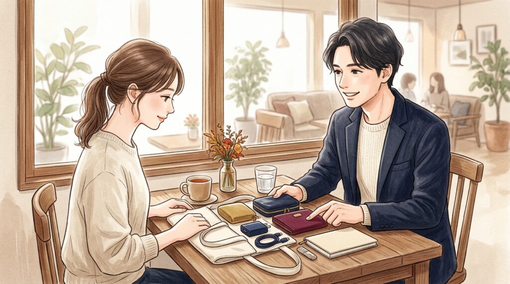 カフェで持ち物を整える女性と助言する男性