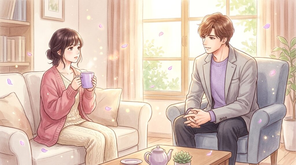 朝のリビングで男性に相談する女性