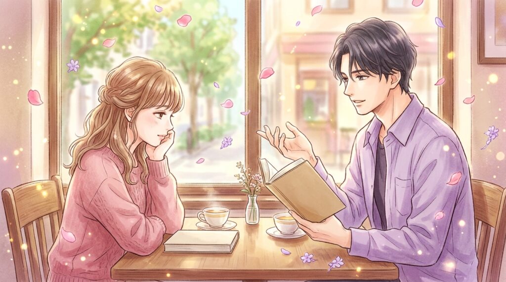 カフェで言葉の意味を語り合う男女のイラスト