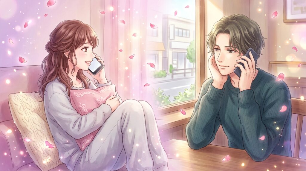電話で話す女性と優しく耳を傾ける男性