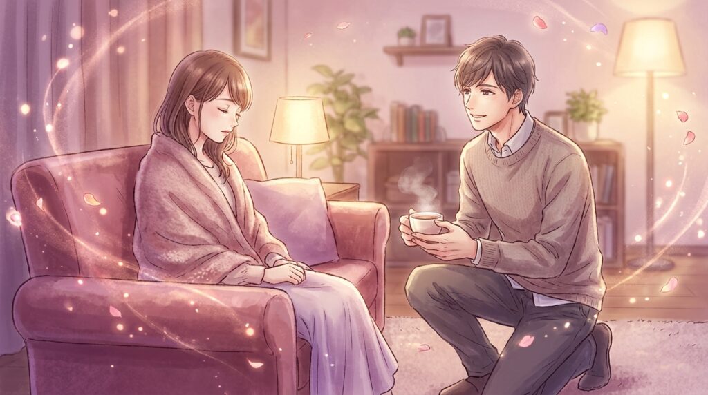 ソファでうとうとする女性と声をかける男性セラピスト