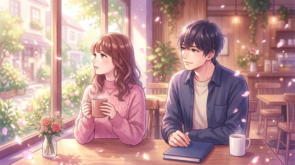 朝のカフェで夢の話をする女性と聞き役の男性