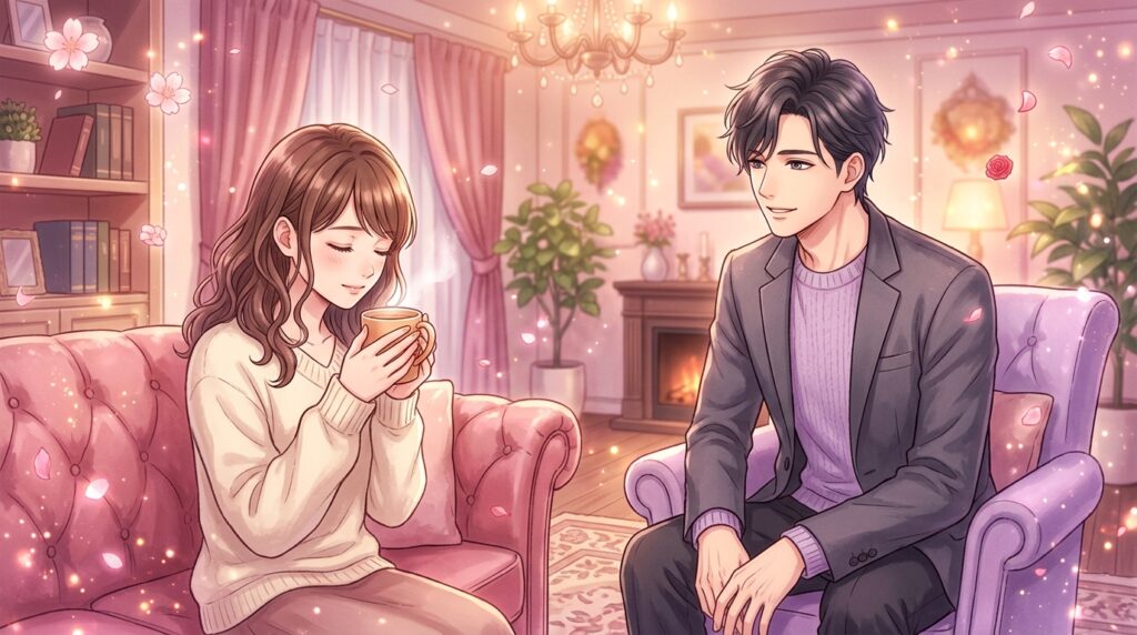 温かいカップを包む女性と穏やかに話す男性