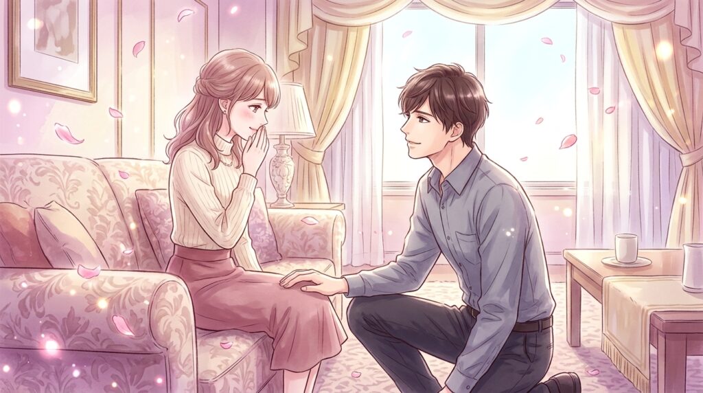 ソファで小声で伝える女性と頷く男性セラピスト