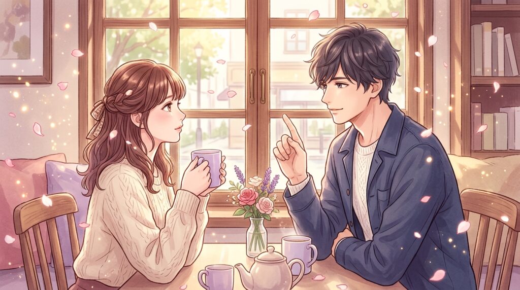 カフェで穏やかに説明を受ける女性の横顔